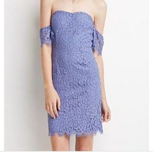 Dusty blue off-the-shoulder eyelash lace dress